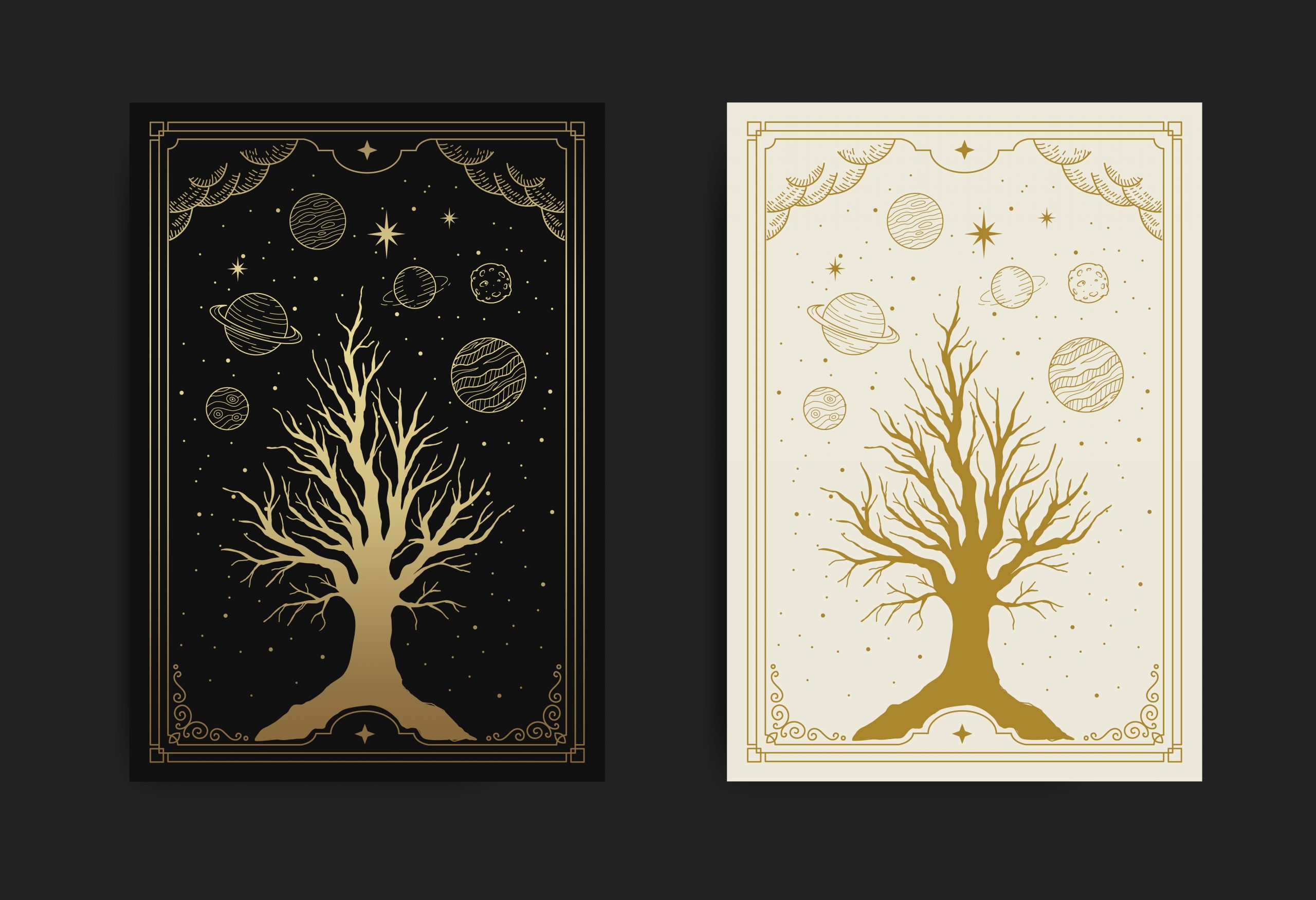 Magical and mystical sacred tree with night sky, decorated with stars and planets