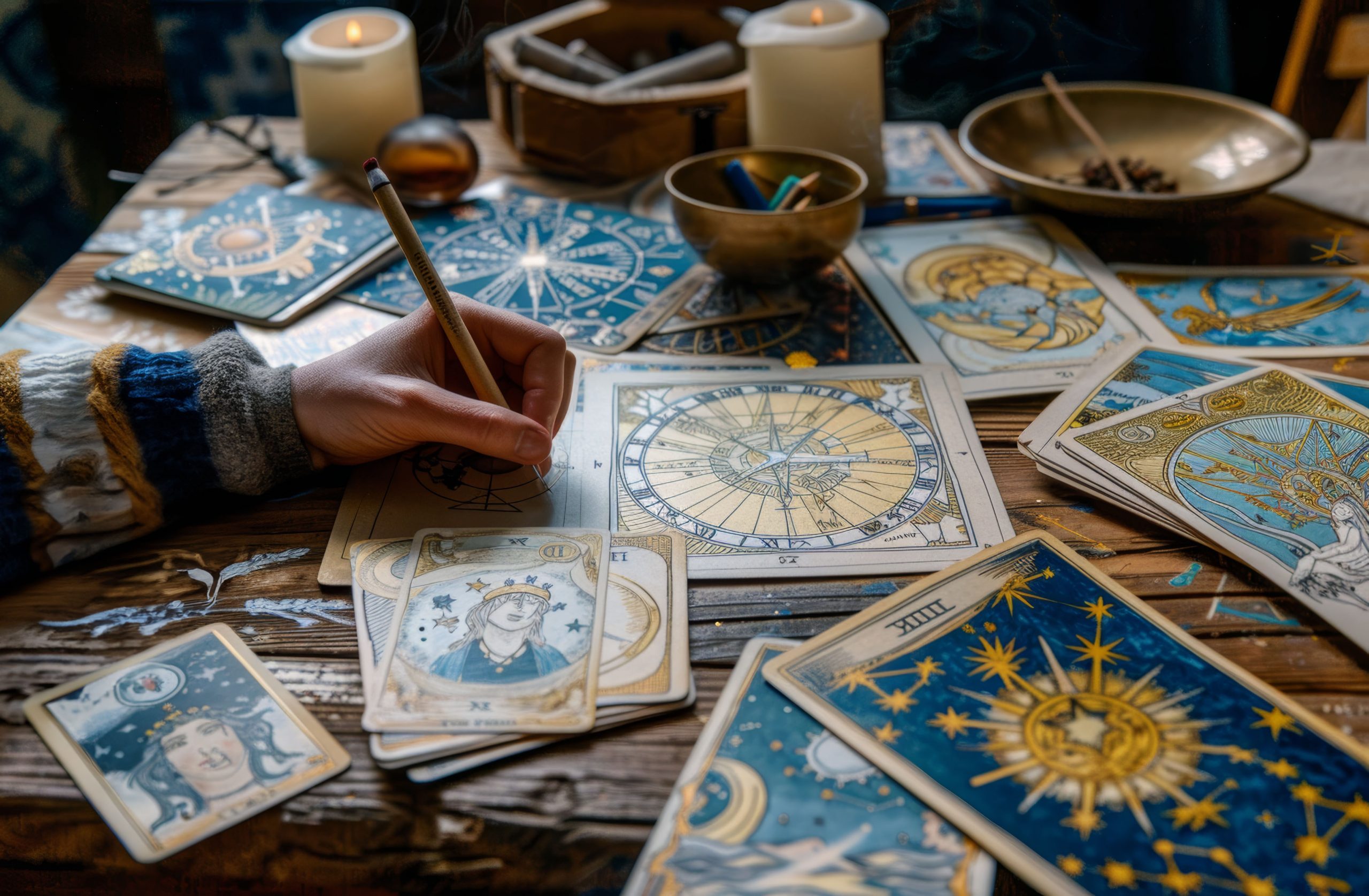 Artistic Visualization of Celestial and Occult Elements: Drawing Zodiac and Astrological Symbols with Tarot Cards Spread on Table