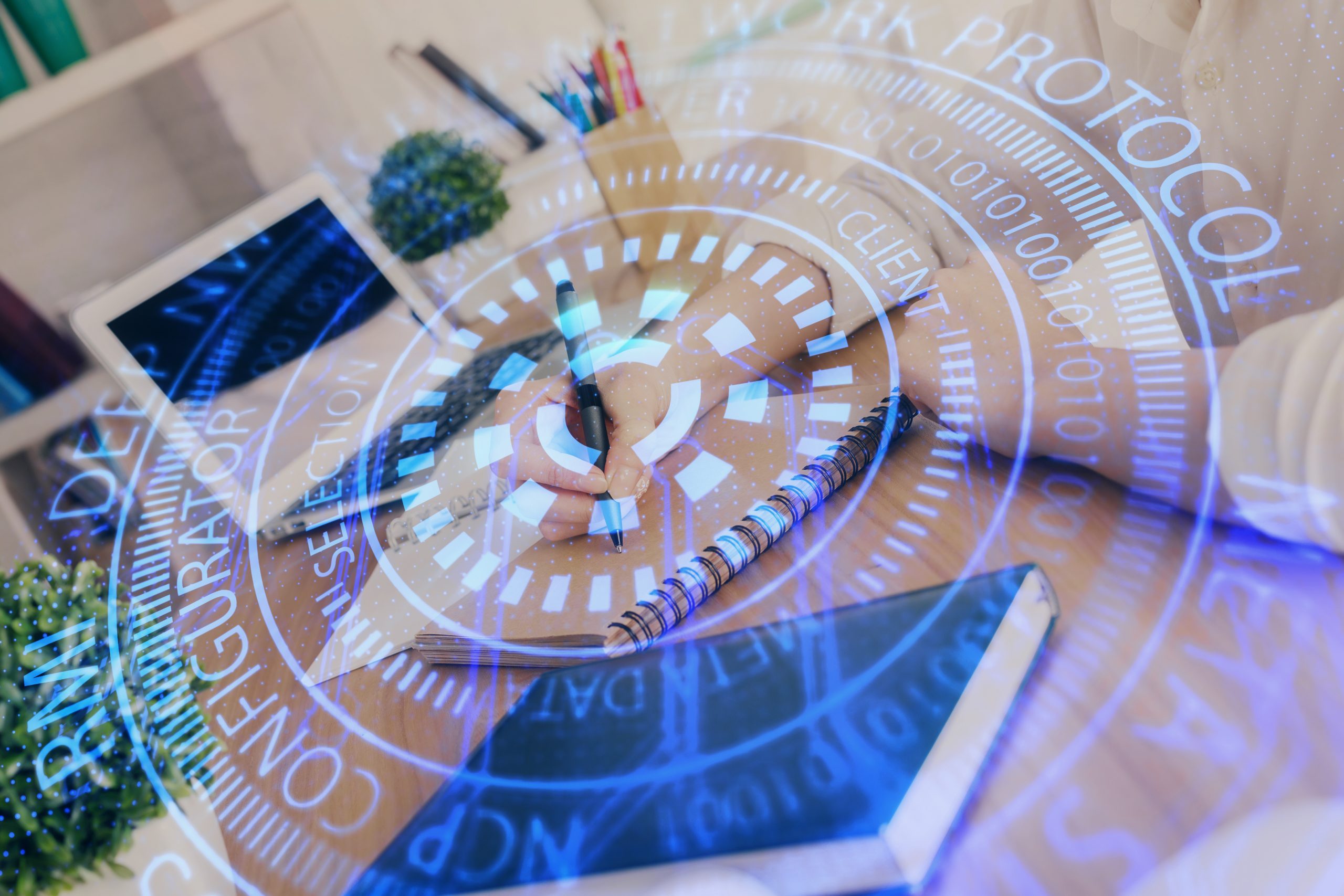 Multi exposure of woman hands on background with technology coding hologram. Data concept.