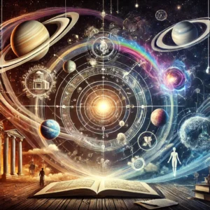 Astrološki prikaz profesionalnih puteva: Kozmička scena s planetima Saturnom, Jupiterom, Uranom i Neptunom koji kruže oko astrološke karte. Saturn simbolizira arhitekturu i strukturu, Jupiter predstavlja obrazovanje i uspjeh, Uran je povezan s tehnologijom i inovacijama, dok Neptun označava kreativnost i iscjeljivanje. Različiti karijerni simboli, poput knjiga, zgrada, medicinskih znakova i tehnoloških simbola, isprepliću se s planetarnim stazama u zvjezdanoj pozadini